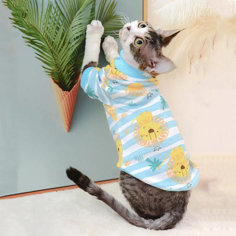 Hairless cat wearing cotton belly protector in lion pattern, two-legged style, size M