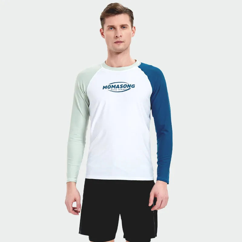 Men's white long-sleeved swim top and matching navy blue swim trunks set for outdoor water sports.
