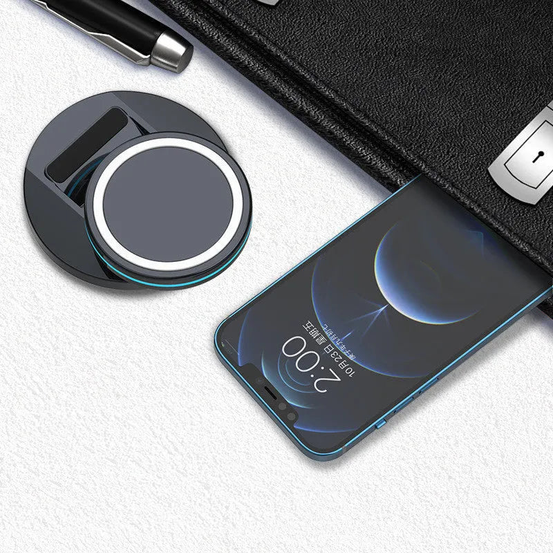Black magnetic wireless charging stand folded for iPhone 12 with Magsafe compatibility