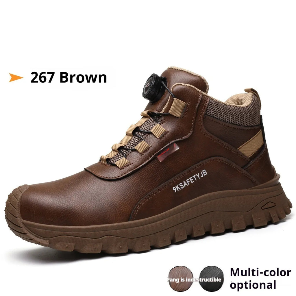 A pair of Flyknit safety work shoes with a leather upper and rubber sole, shown in a neutral colour.