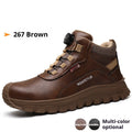 A pair of Flyknit safety work shoes with a leather upper and rubber sole, shown in a neutral colour.