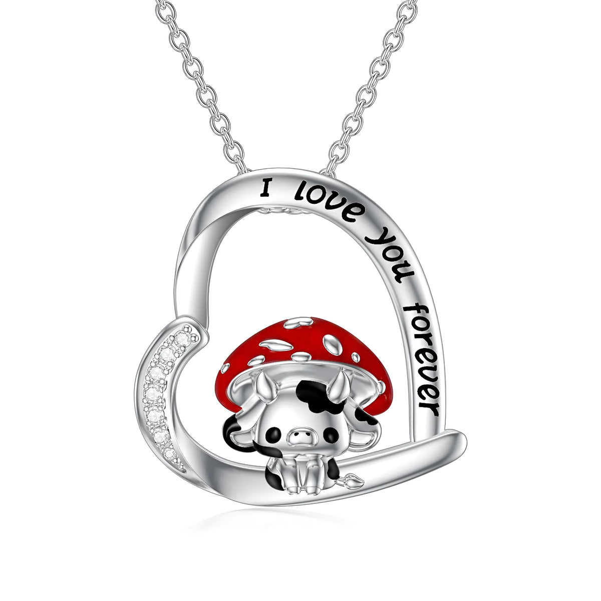 925 sterling silver cow necklace with mushroom hat pendant on love heart, 18in cable chain and 2in extender