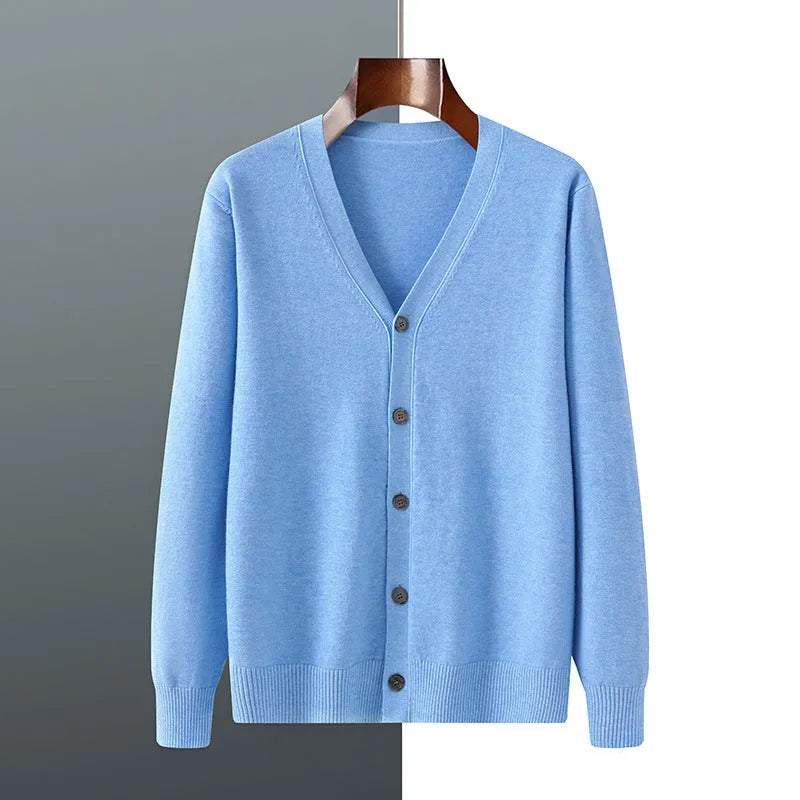 Men's loose-fit V-neck cardigan coat in Andy velvet fabric shown in beige colour.