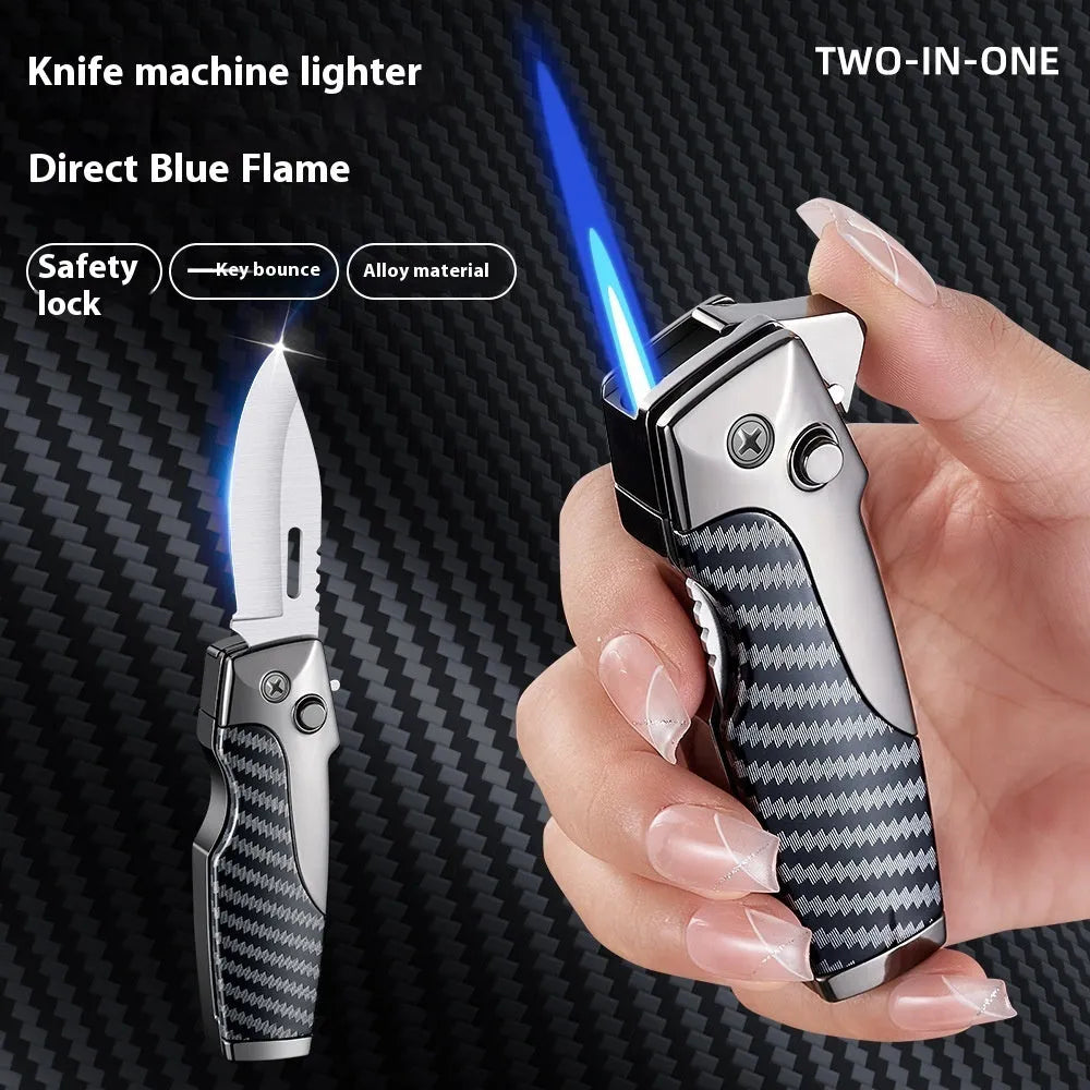 Closed metal folding lighter with integrated knife in a carbon fibre finish, showing the safety lock and refill valve.