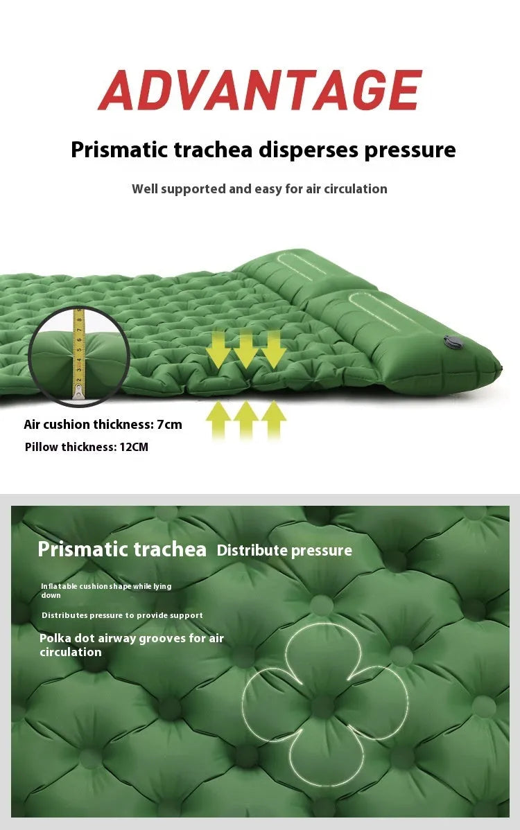 Double widened camping air mattress in army green colour with optional pillow attachment