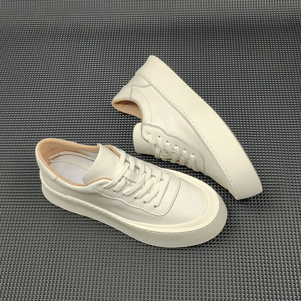 Boys board shoes with cowhide upper and platform rubber sole in black, white, yellow colours
