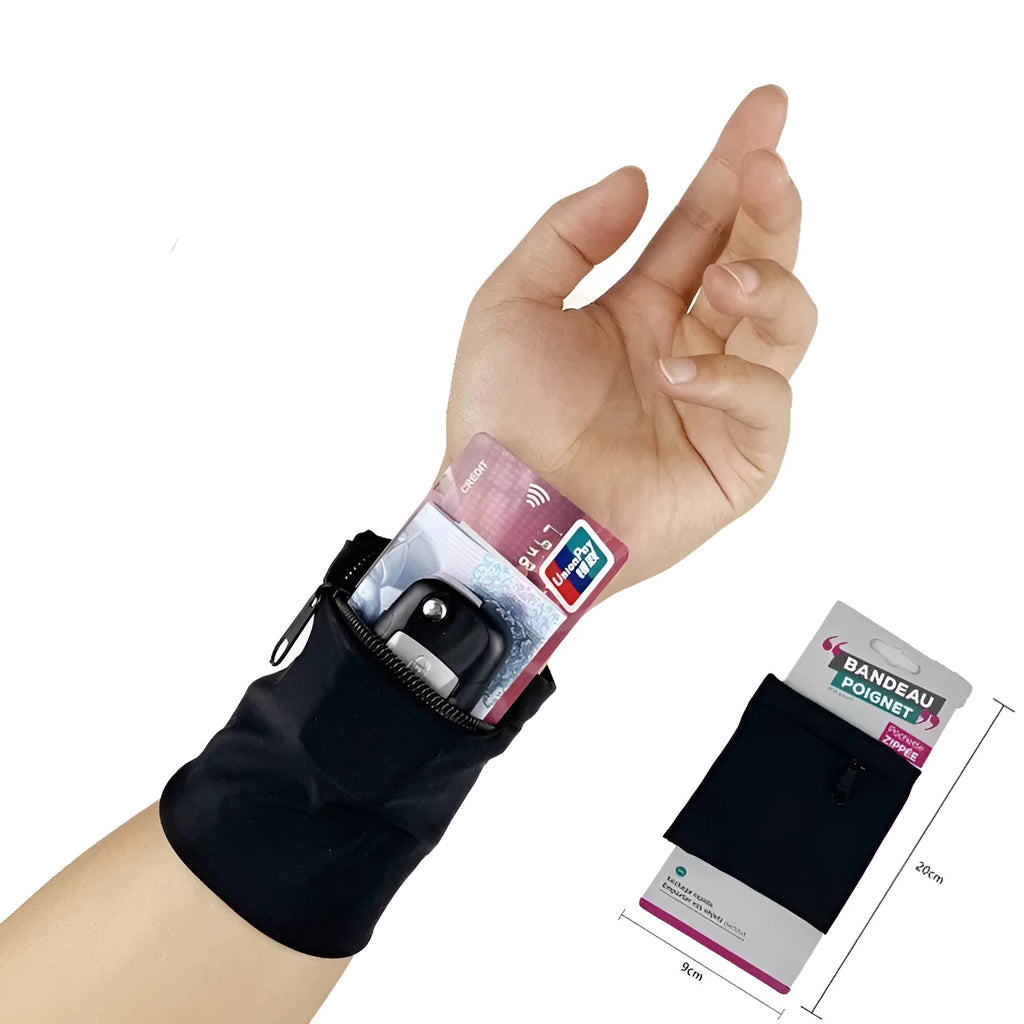 Adjustable fitness wrist bag with armband sleeve for mobile phone, shown in packaging.