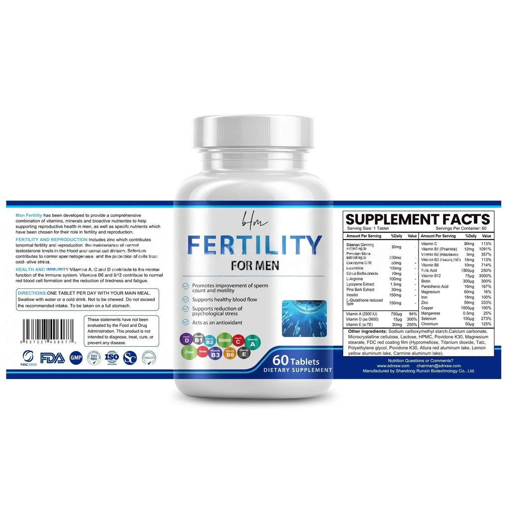 Bottle of 60 male fertility tablets with COMLEX vitamin mineral amino acids supplement formula