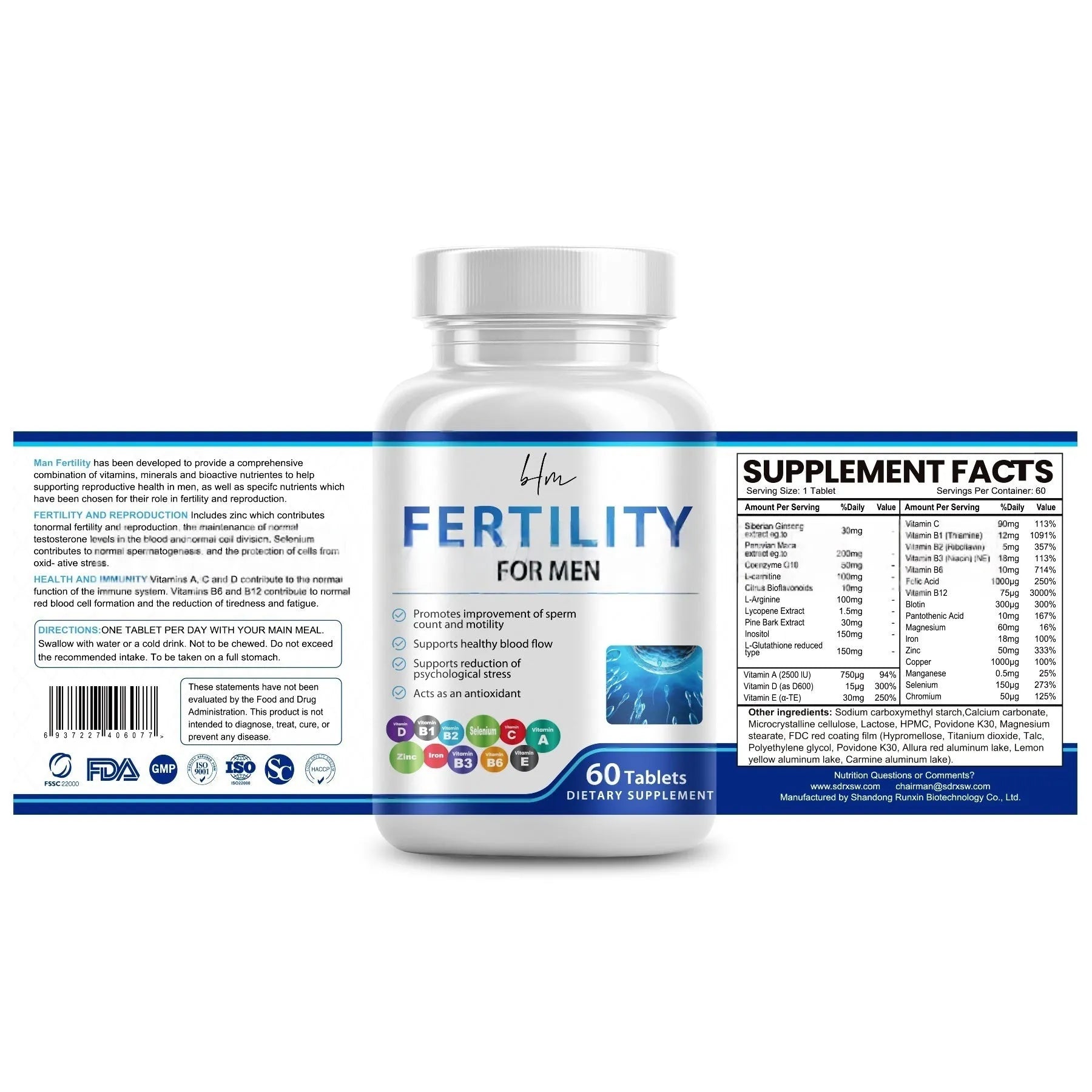 Bottle of 60 male fertility tablets with COMLEX vitamin mineral amino acids supplement formula