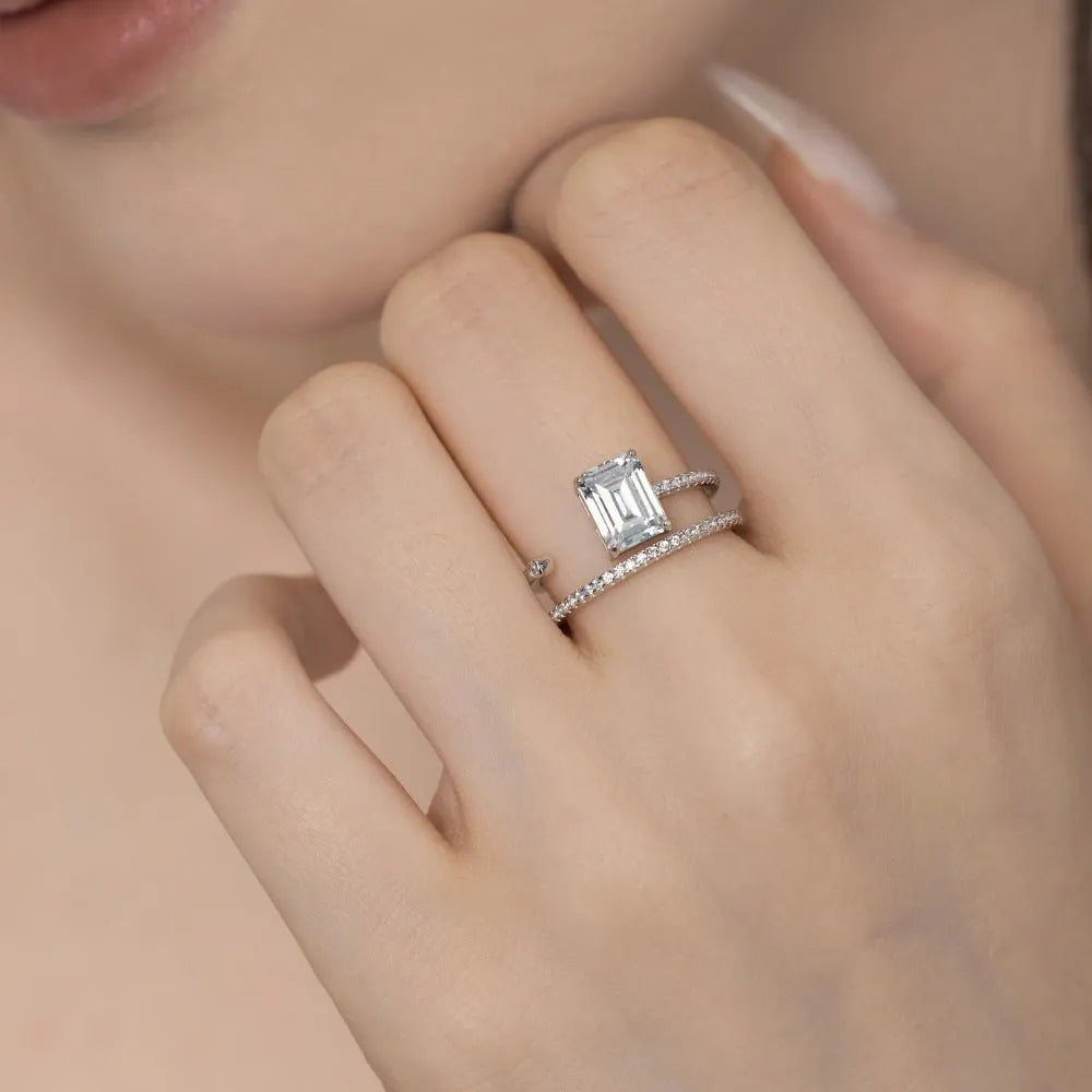 S925 sterling silver ring with rectangular chamfered zircon in platinum colour, hollow band, size No. 7