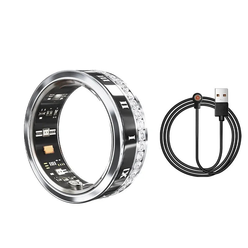 Silver and gold smart rings with diamond inlay showing blood oxygen monitoring technology on finger