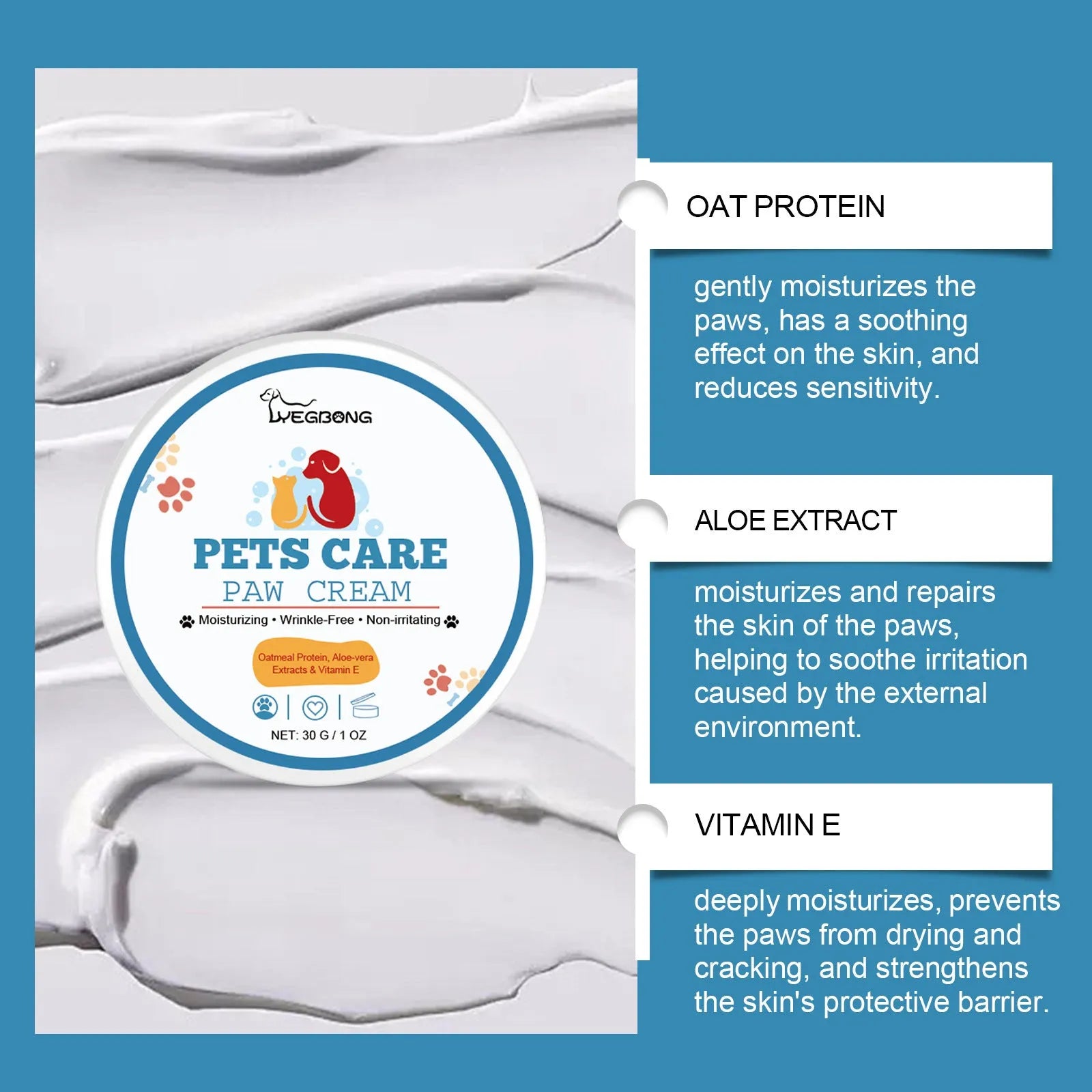 Pet paw care cream tube 30g for dogs with moisturising formula on a light background