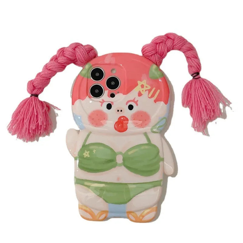 Pink and green silicone iPhone case with a cartoon girl in a swimsuit design.