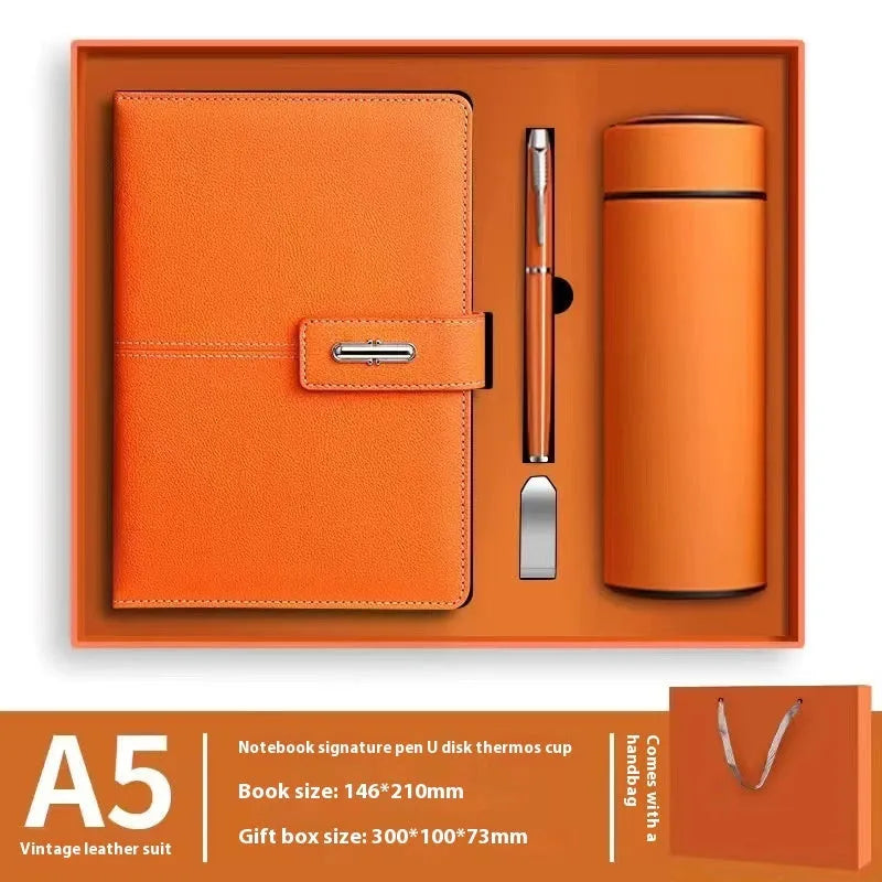 A5 notebook with PU leather cover in choice of colour, shown open on wood-free paper pages.