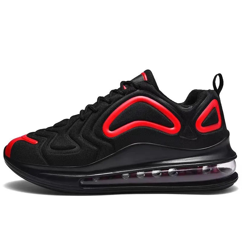 Men's black lace-up sneakers with a thick sole and round toe for outdoor sports.