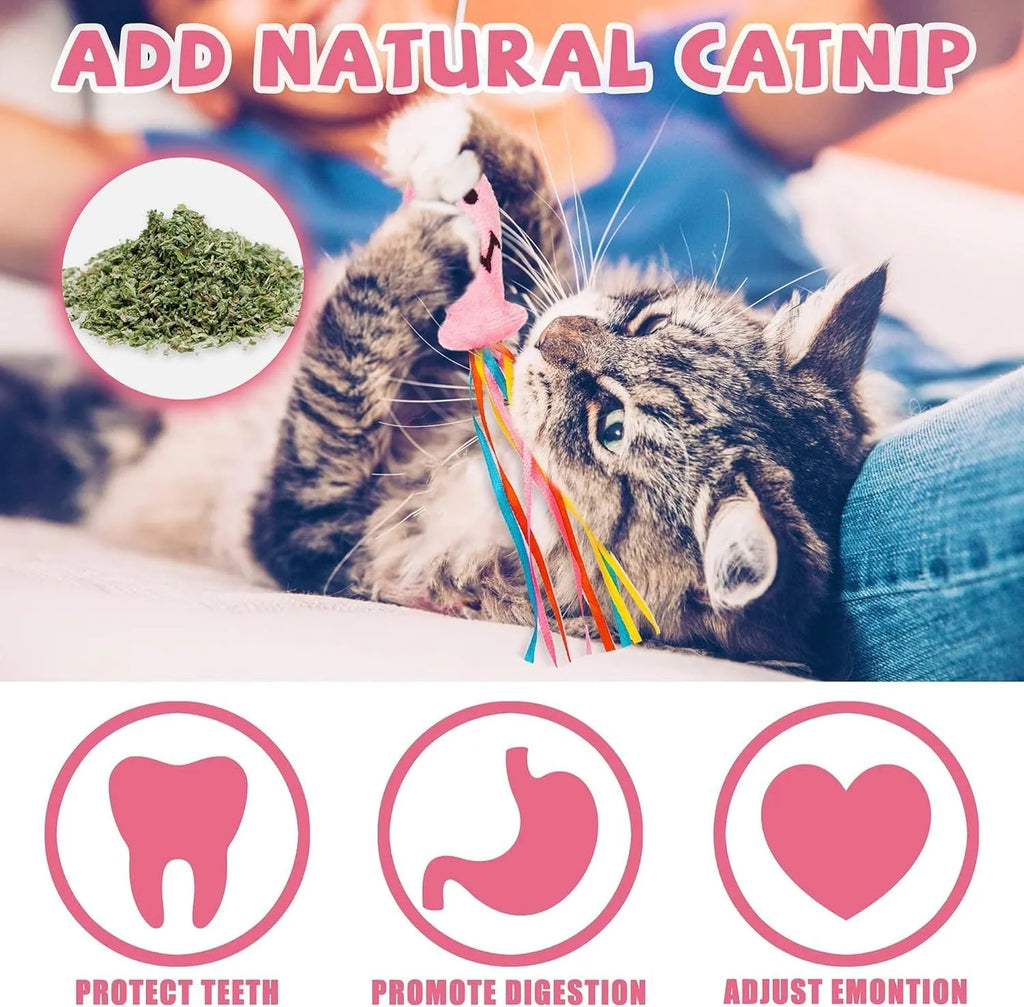 Interactive cat wand toy with colourful ribbons, bell, and catnip fish on a wooden handle.