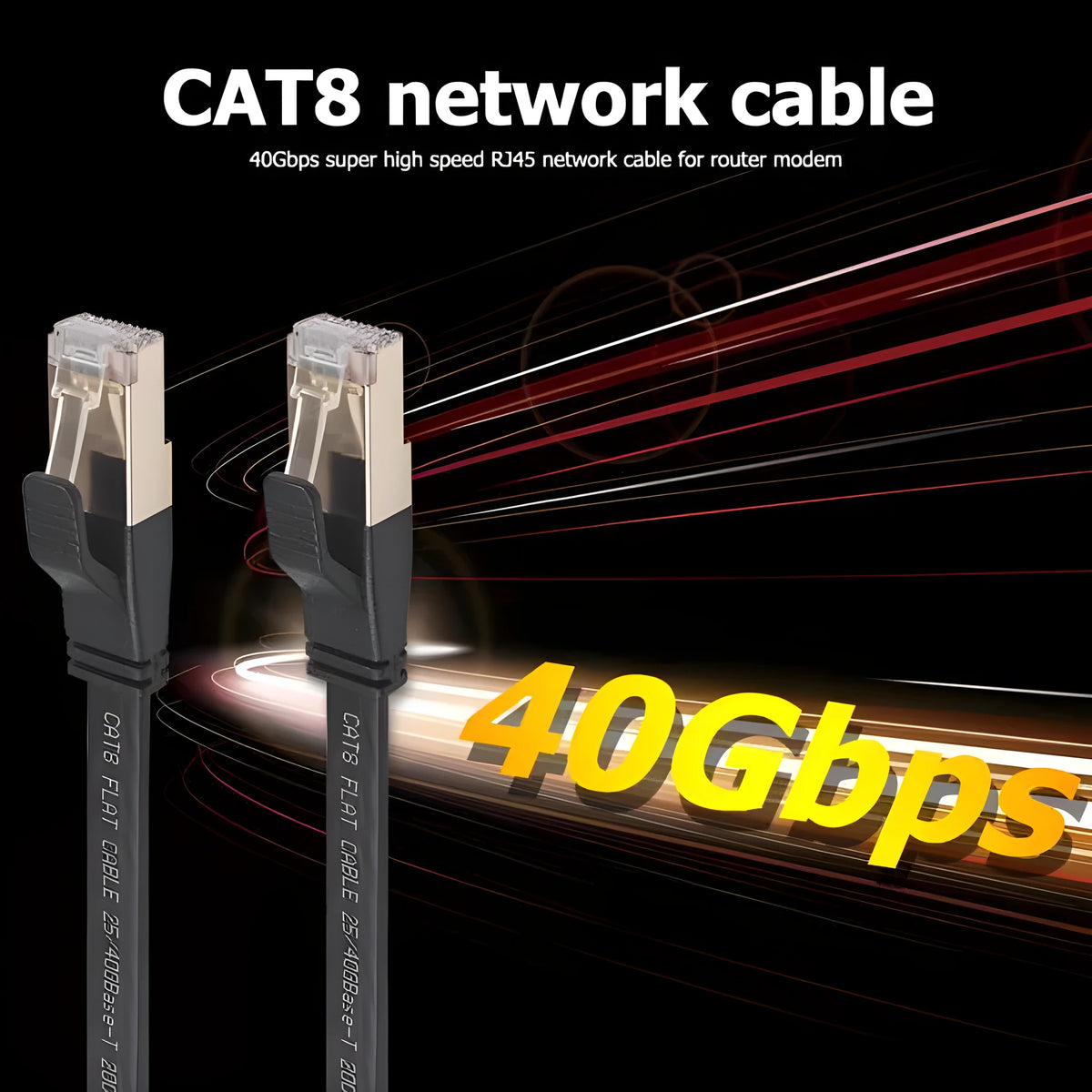 Cat8 Ethernet cable with gold-plated RJ45 connectors and SFTP shielding, shown in various lengths.