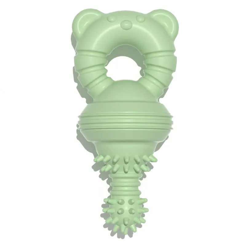 Blue rubber dog chew toy with concave-convex texture and a bell, for aggressive chewers and teeth cleaning.