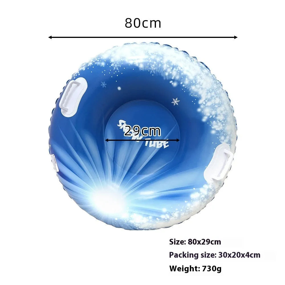 Colourful printed PVC winter ski ring toy for children's snow play, shown in red, blue, and white designs.