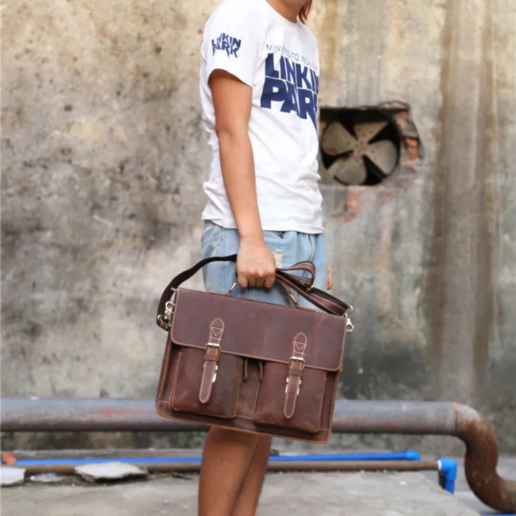 Small yellow brown genuine leather men's shoulder messenger bag with nylon lining