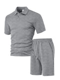 Men's patterned polyester casual suit with short-sleeve polo shirt and trousers in multiple colour options