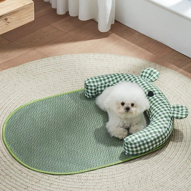 Green and yellow four-season universal dog mat and cat bed mattress in four sizes for summer cooling.