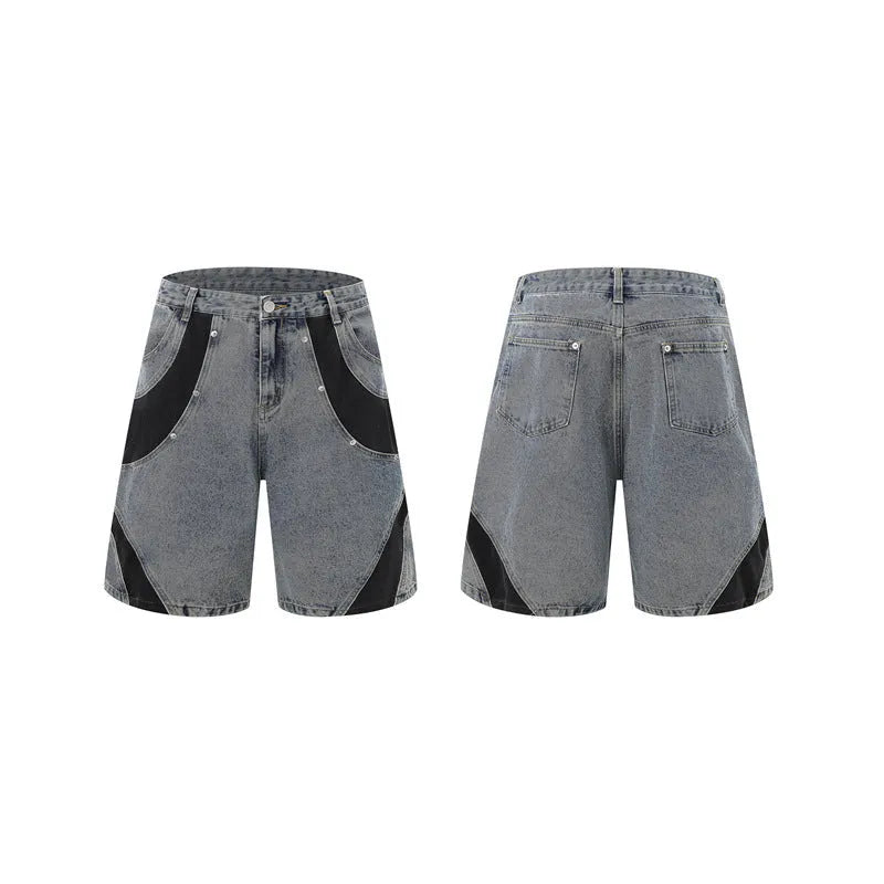 Retro washed denim short-sleeve jacket and matching trousers set on a hanger.