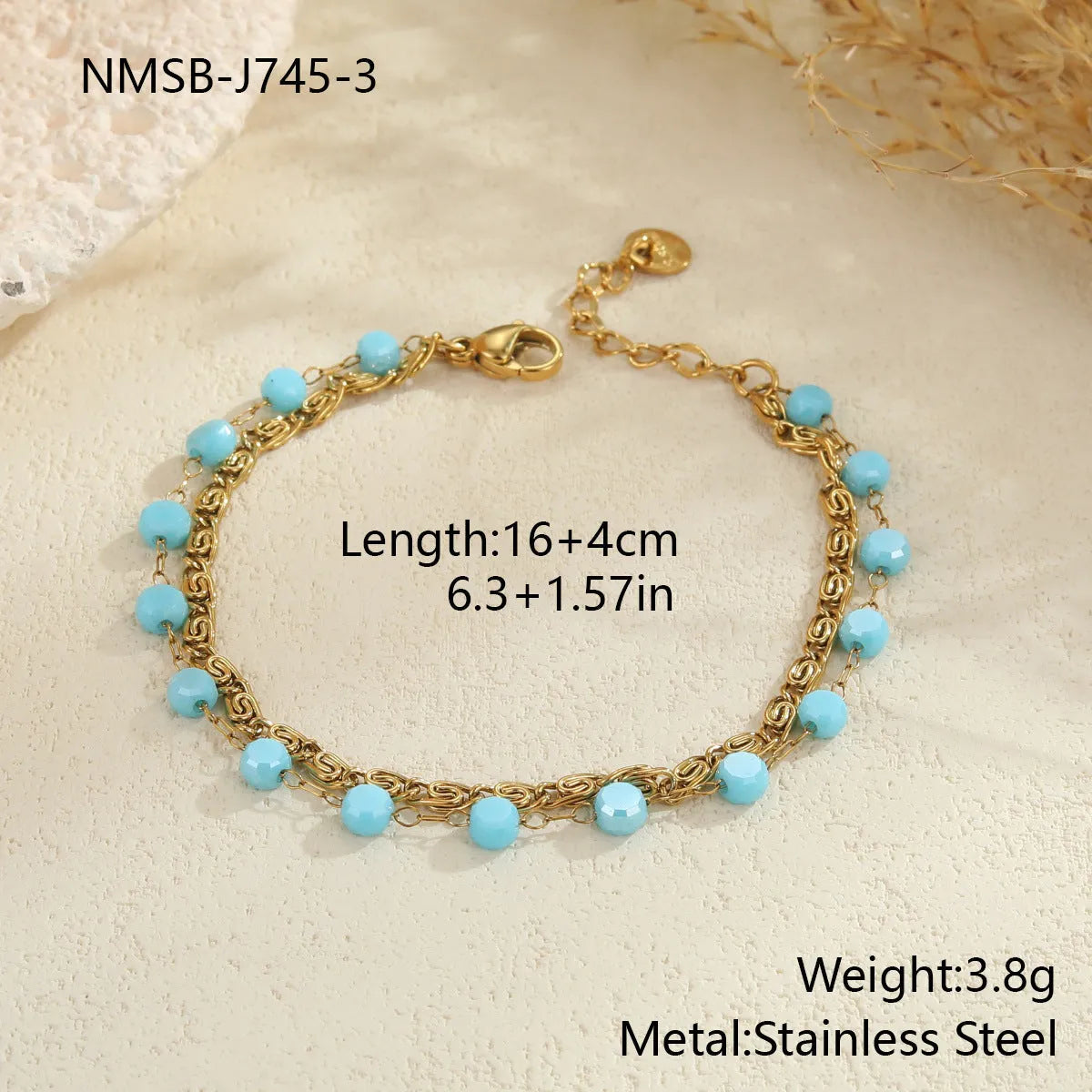 Stainless steel zircon necklace clavicle chain with beaded blue bracelet set geometric pendant on white background