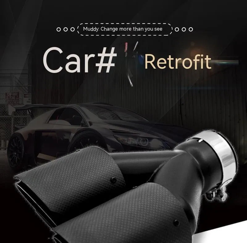 Black carbon fibre car exhaust silencer with double outlet tail pipe, 250mm vehicle modification component