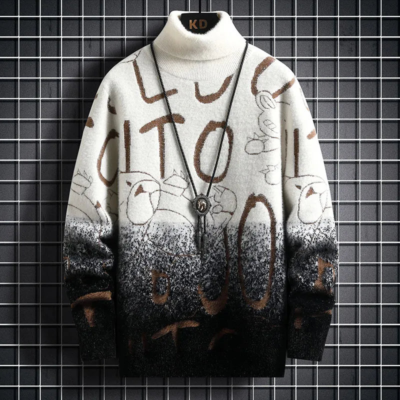 Men's gradient mink fleece turtleneck sweater, slim fit, long sleeve, high collar, nylon blend, rice and green colour