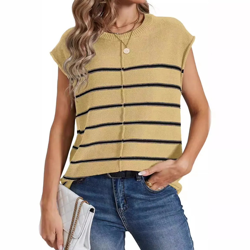 Women's striped sleeveless vest pullover top in acrylic knit with bone stitching.