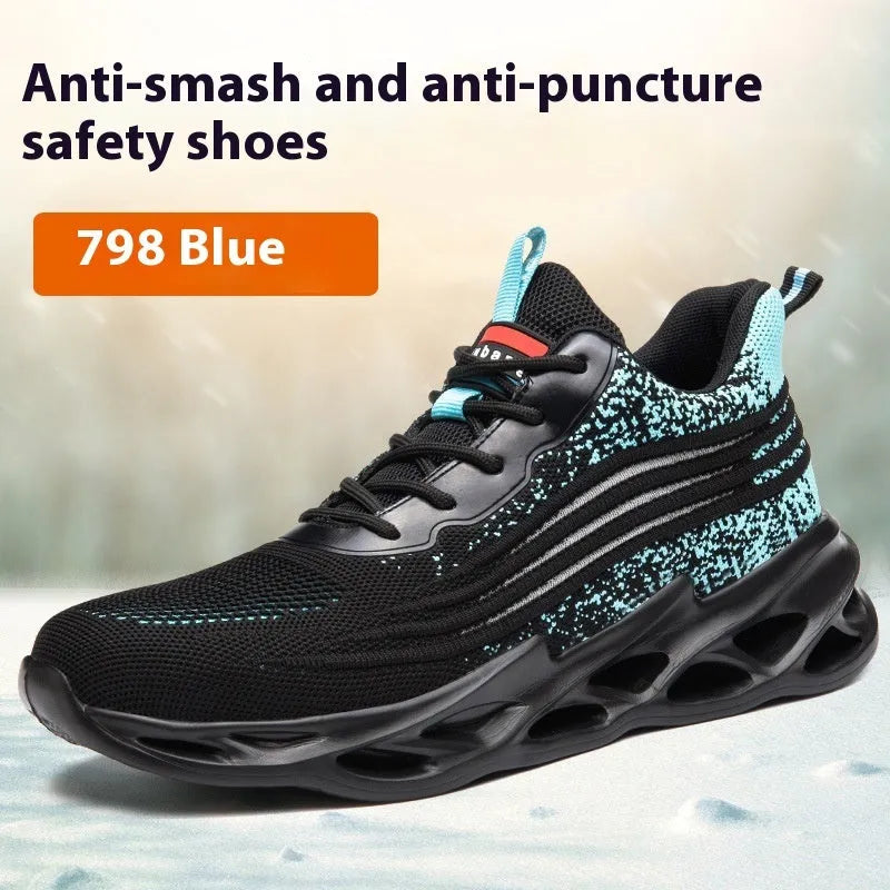 Brown leather labour protection safety shoes with a rubber sole, shown on a work site background.