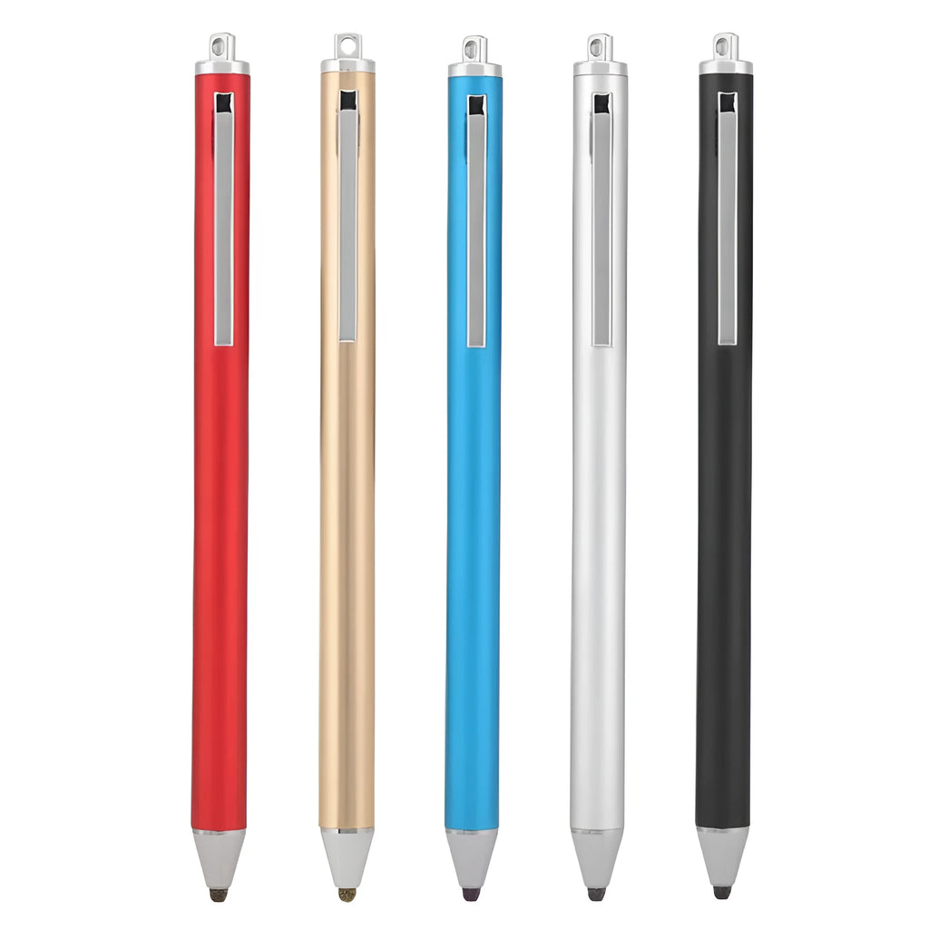 Fine tip metal stylus pen for touch screen tablets and smartphones in assorted colours.