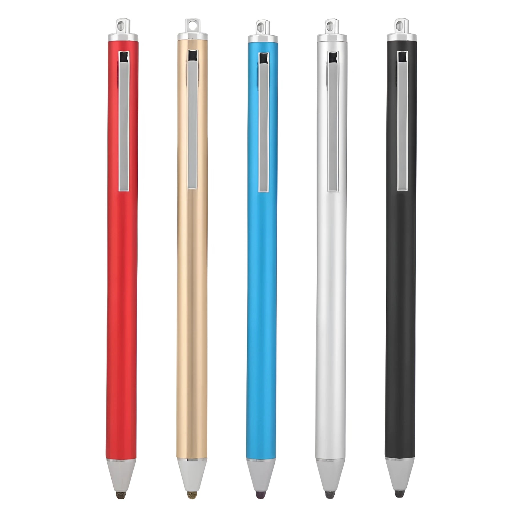 Fine tip metal stylus pen for touch screen tablets and smartphones in assorted colours.