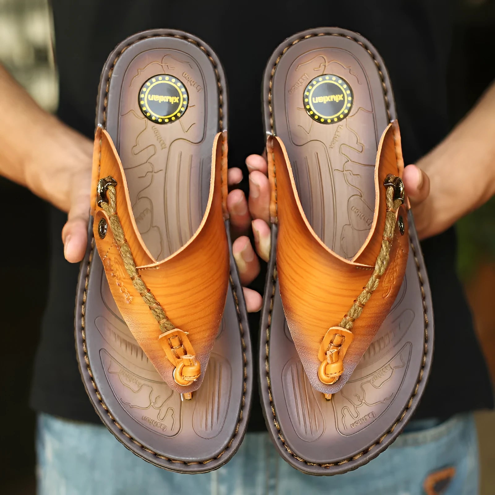 Men's dark blue herringbone textured outdoor slippers with a rubber sole, shown in a plus-size fit.