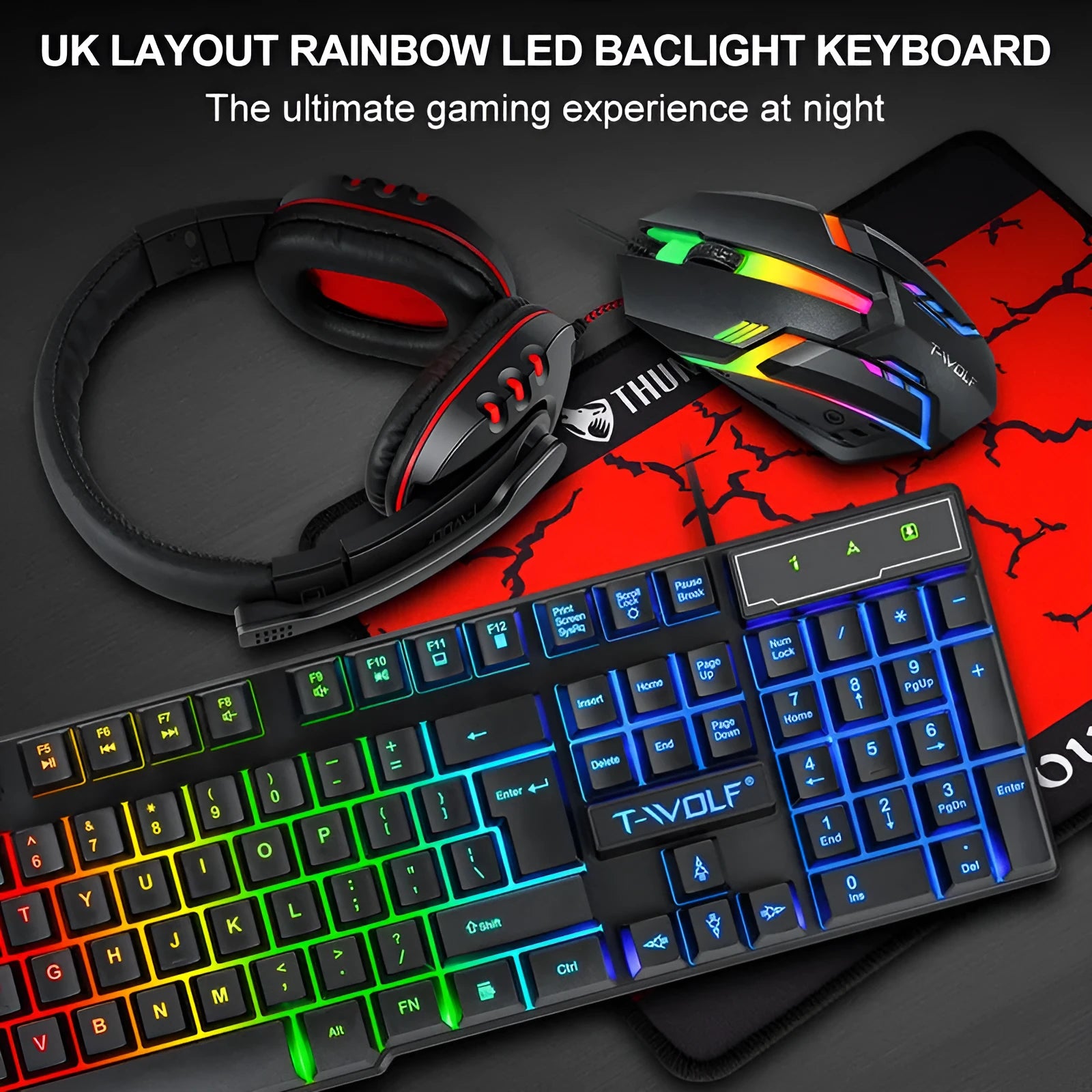 Thunder Wolf T800 wired gaming keyboard and mouse bundle with headset and extended mouse pad