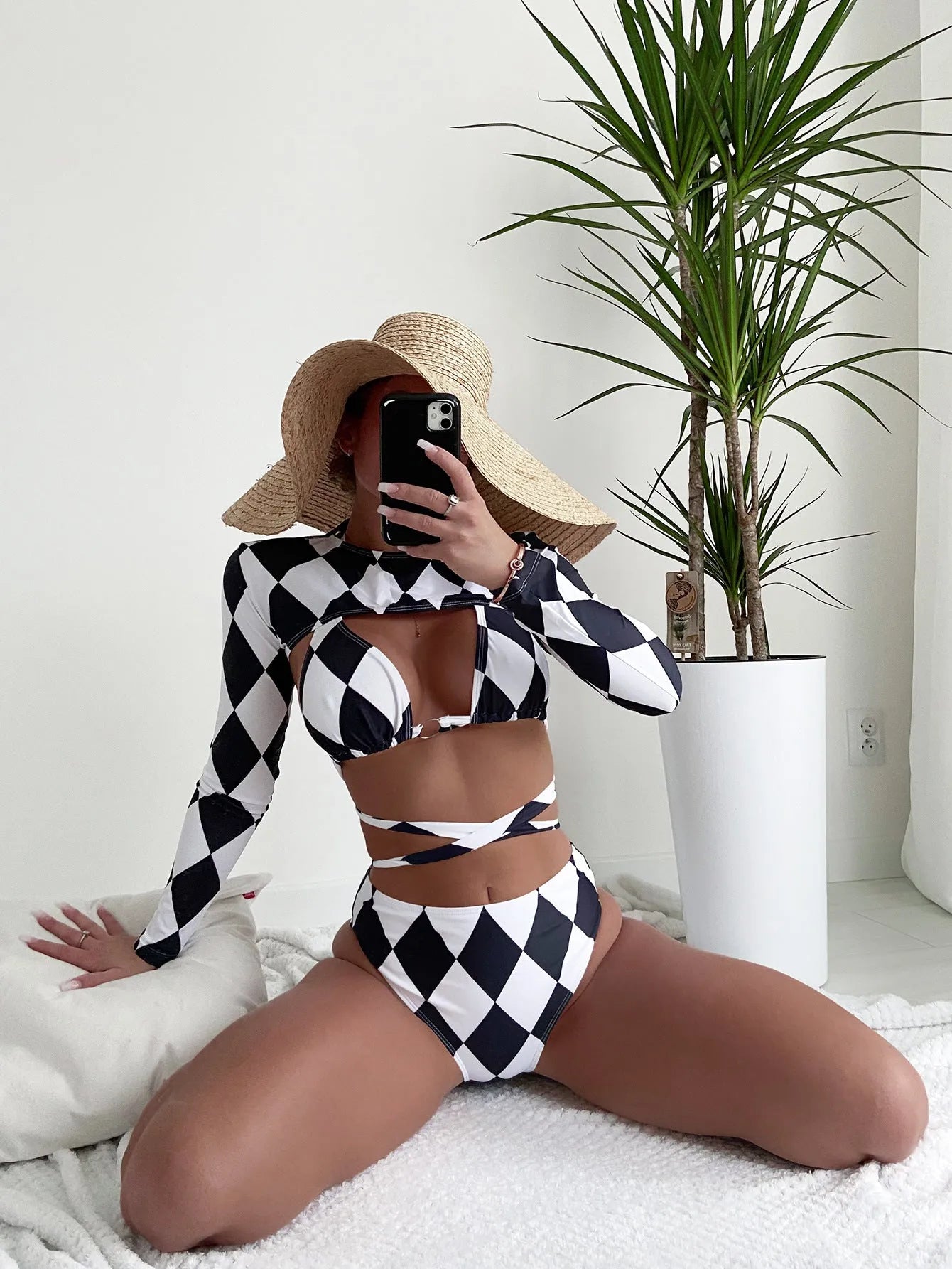 Ladies plaid pattern long sleeve bikini set with separate top and bottom pieces