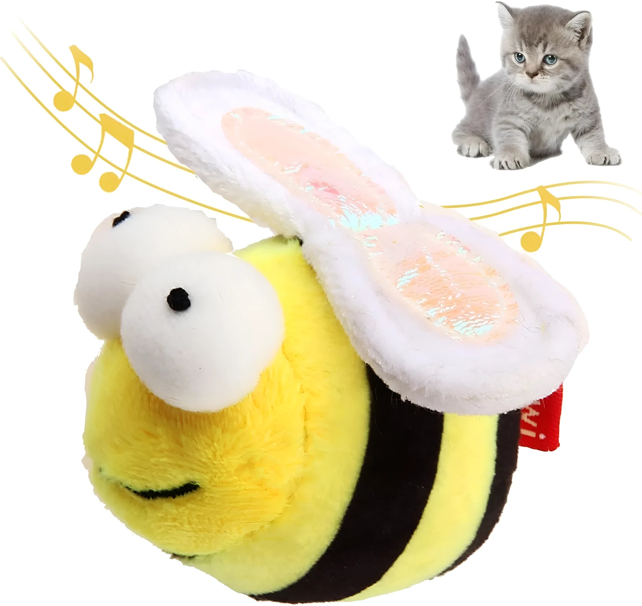 Yellow flannelette bee-shaped electronic cat toy that squeaks when touched