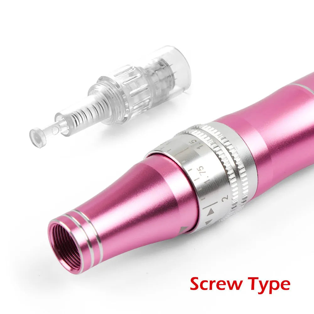 Rose Screw Electric Microneedle Beauty Repair IPL Device in rose gold finish with USB cable and multiple plugs