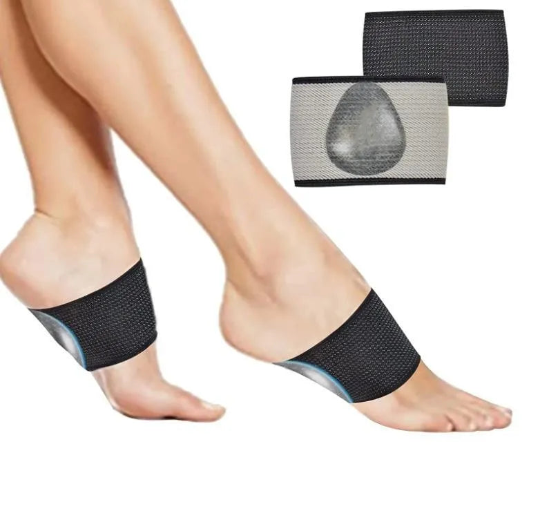 Elastic foot support bandage with a heart-shaped pad for arch support, shown in two style options.