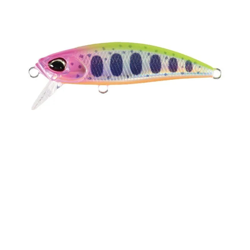 Tossing Japanese Submerged Mino hard fishing lure, 48mm long, shown in one of fourteen colour variations for predator fishing.