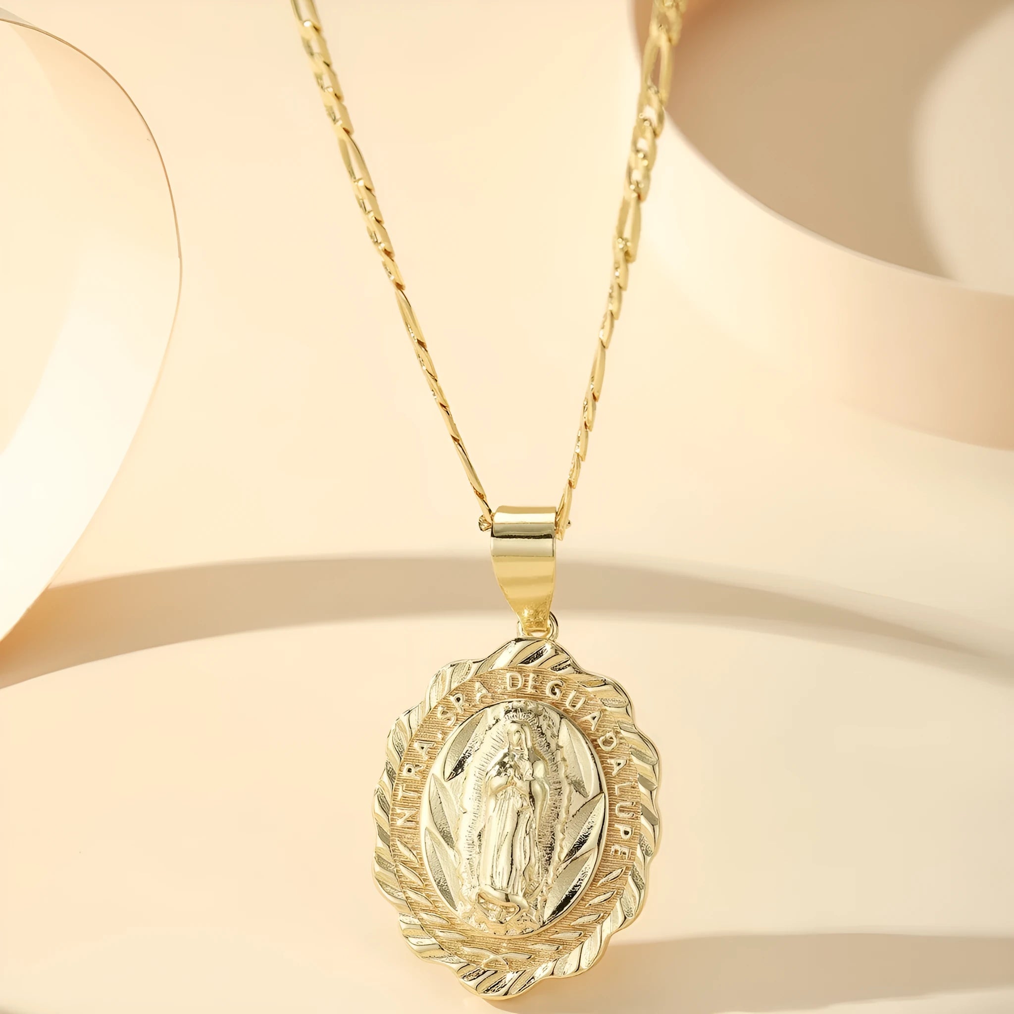 Copper electroplated Virgin Mary pendant necklace on adjustable chain, retro religious design