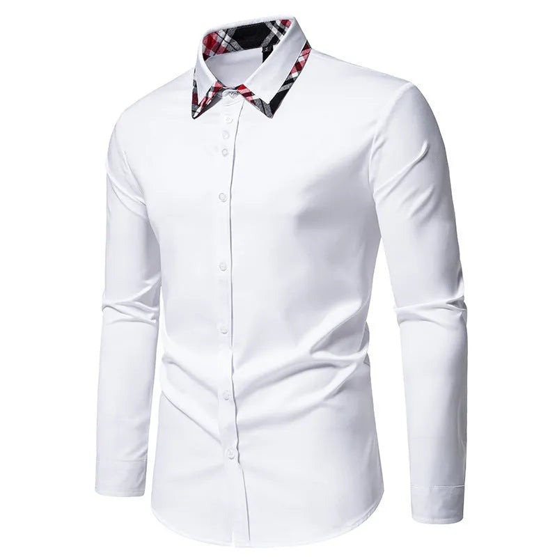 Men's long sleeve plaid shirt with a triangle collar in black, blue, or white.
