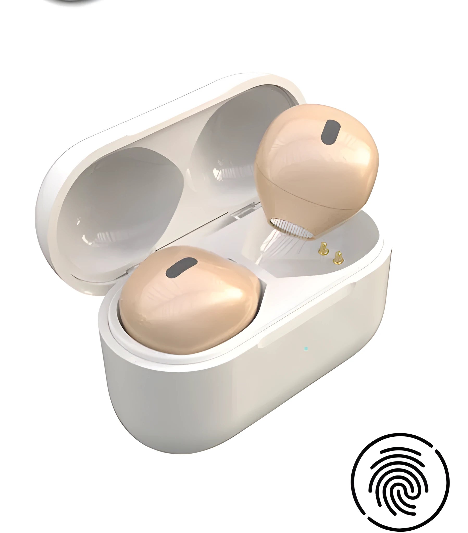 Close-up of a tiny skin-toned 9mm Bluetooth earpiece designed to be invisible in the ear.