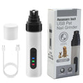 Electric dog nail grinder with LCD screen, LED lights, and dust collection bin on a white background.