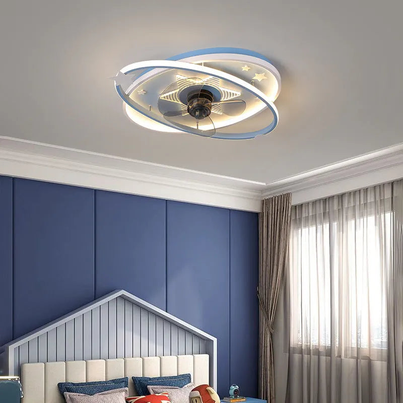 Modern rectangular children's bedroom ceiling light chandelier with integrated fan and acrylic shade.