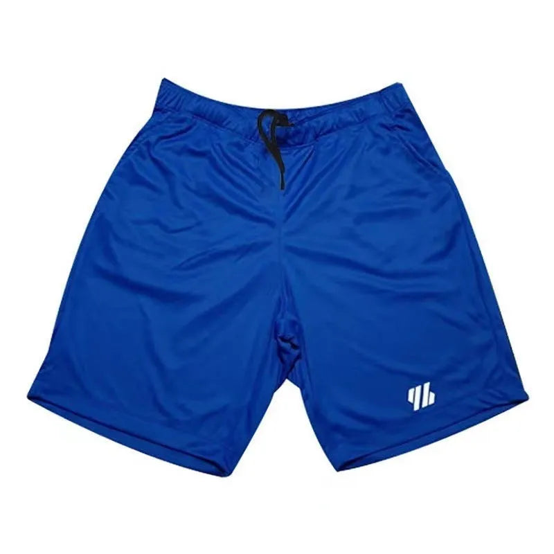 Man's loose-fit metal silk sports shorts in various colours on a hanger.