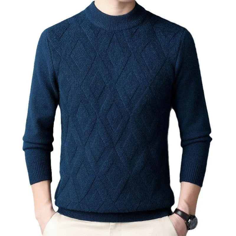 Men's thick diamond jacquard winter sweater in light camel colour, pullover style