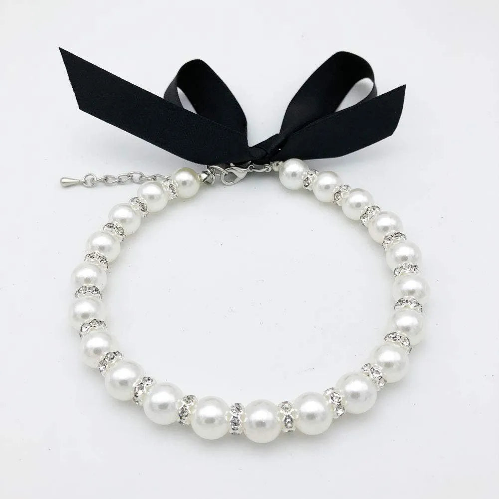Small dog wearing an adjustable blue imitation pearl and rhinestone necklace with a ribbon bow.