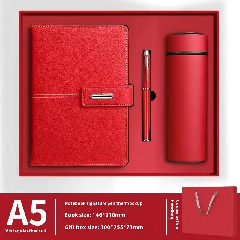 A5 notebook with PU leather cover in choice of colour, shown open on wood-free paper pages.